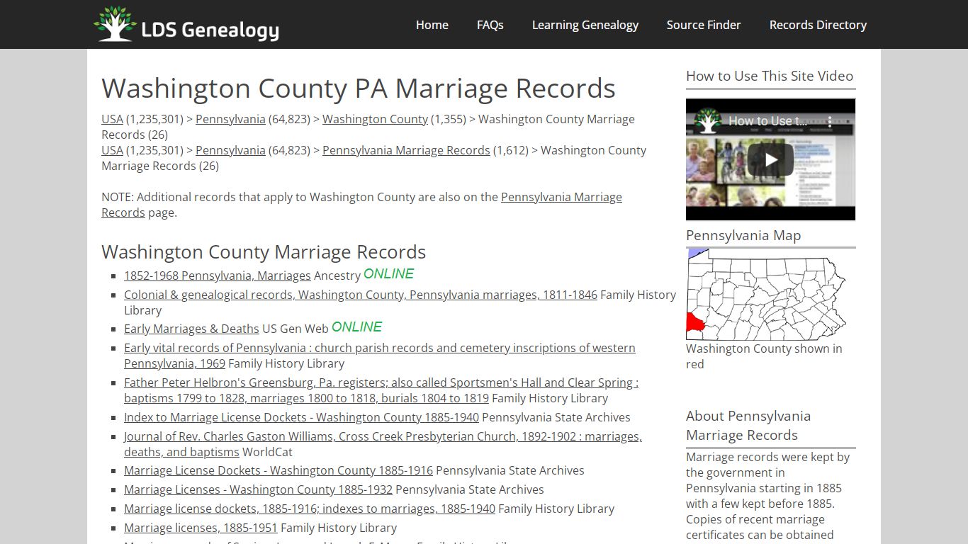 Washington County PA Marriage Records - LDS Genealogy