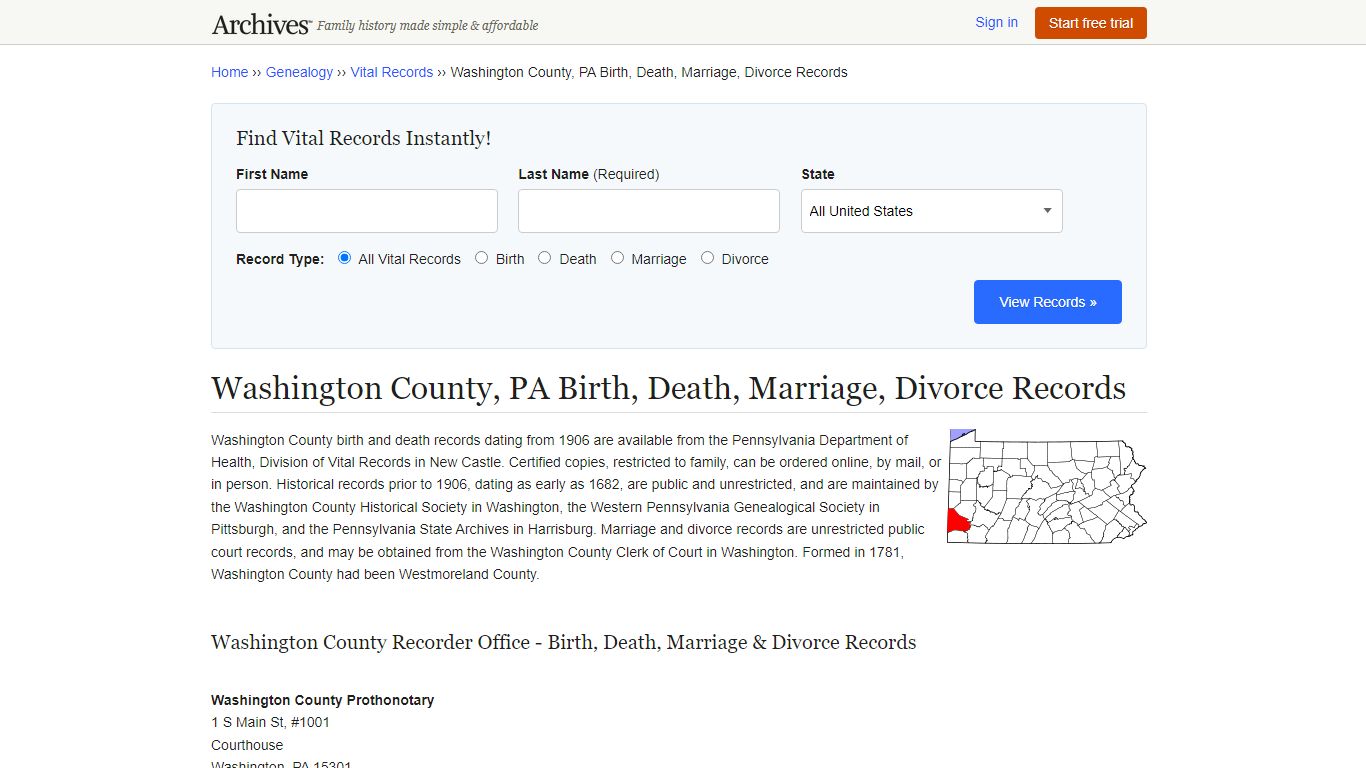 Washington County, PA Birth, Death, Marriage, Divorce Records